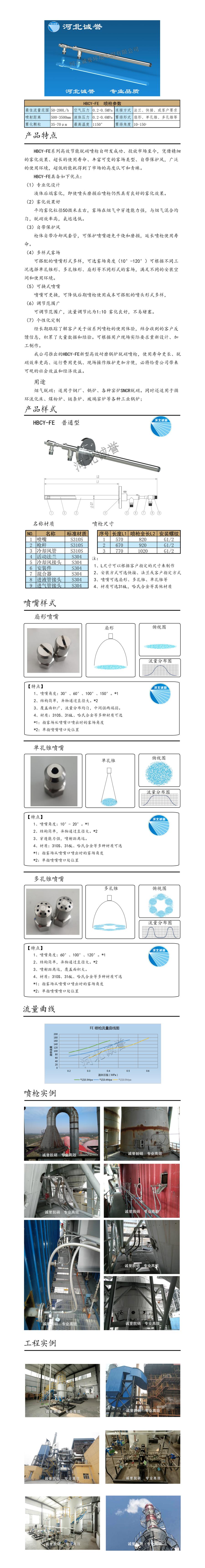 氨水噴槍、保護套、噴槍參數(shù)、材質(zhì)尺寸、流量分布圖、扇形空心錐俯視圖介紹，以及噴槍霧化視頻展示和工程案例介紹